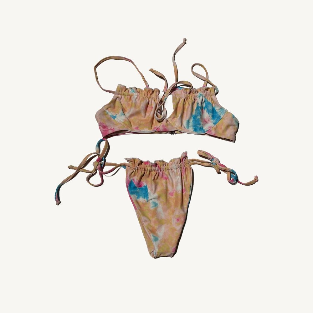 Shein Tie Dye Thong Bikini Set Bra Style Top Yellow Blue & Pink  Size Medium